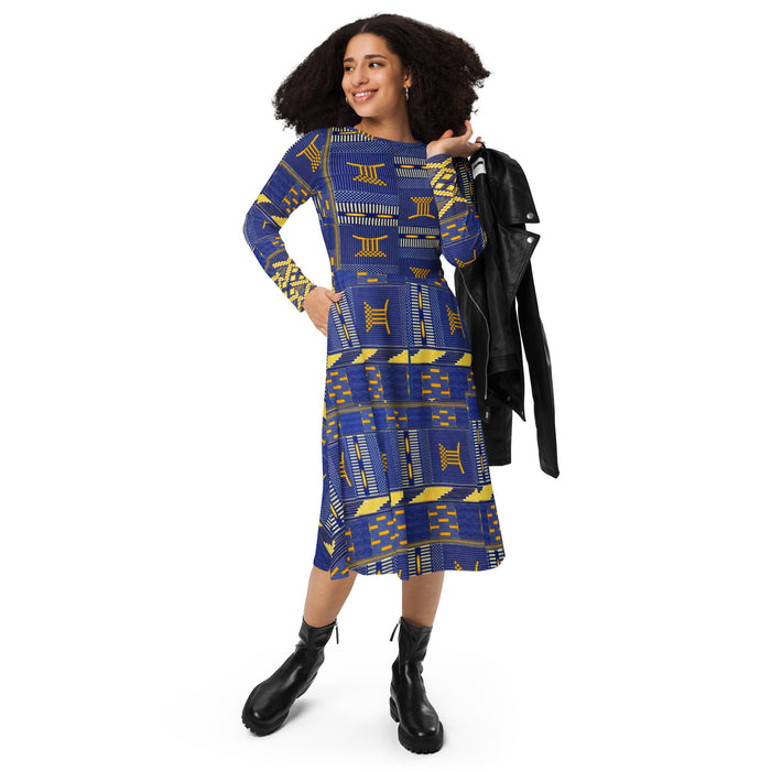 Blue Kente African Print Long Sleeve Midi Dress 2XS-6XL