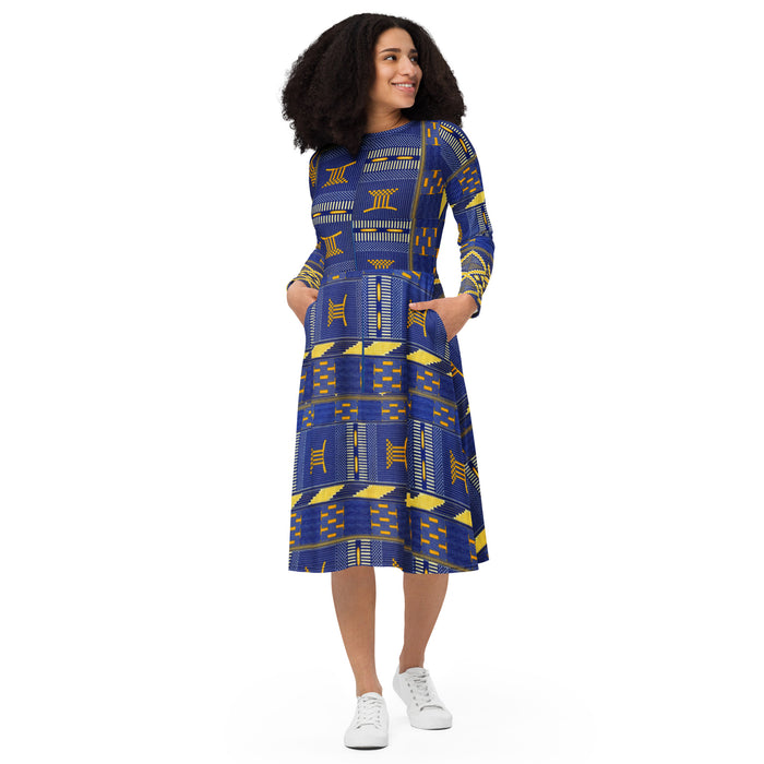 Blue Kente African Print Long Sleeve Midi Dress 2XS-6XL