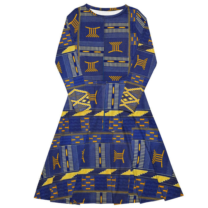 Blue Kente African Print Long Sleeve Midi Dress 2XS-6XL