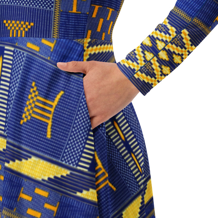 Blue Kente African Print Long Sleeve Midi Dress 2XS-6XL