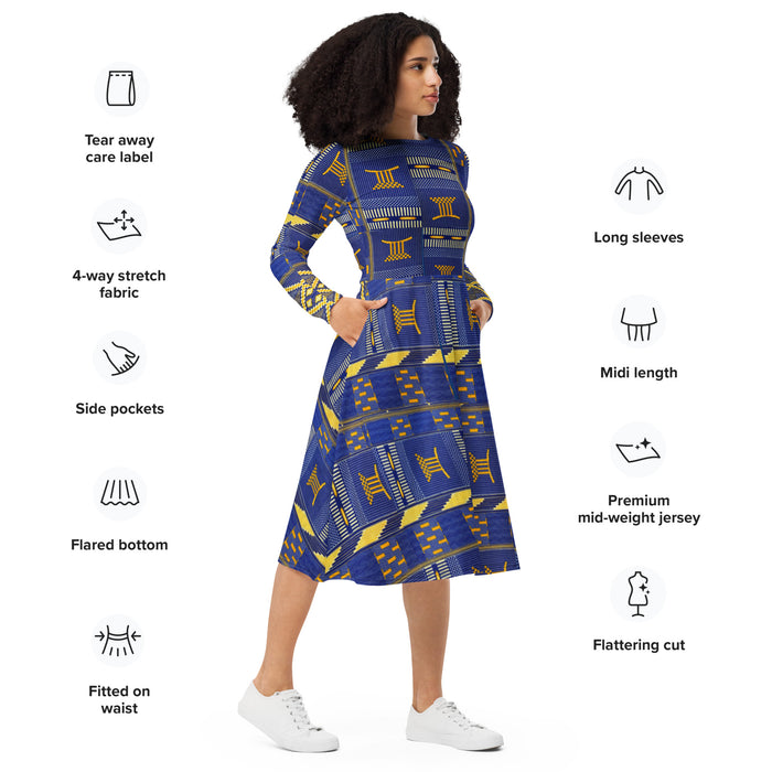 Blue Kente African Print Long Sleeve Midi Dress 2XS-6XL